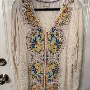 Anthropologie Cream Tunic with Blue and Red Trim